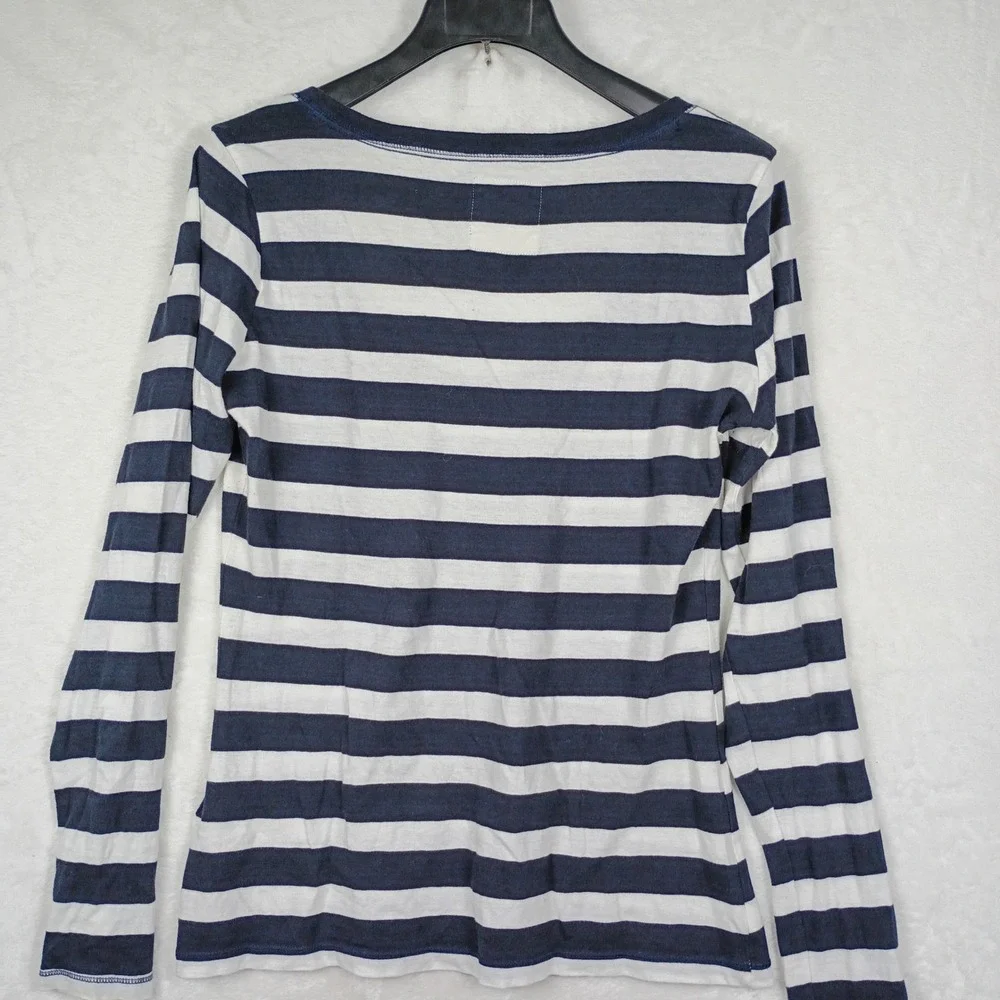 Hollister Womens Navy Blue White Striped Scoop Neck Long Sleeve Tee Shirt Large